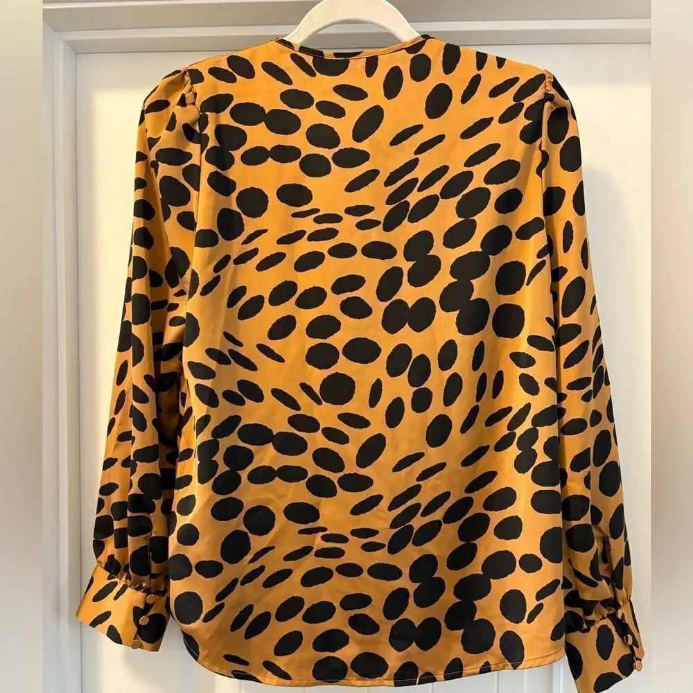 J. Crew Women's Ruffle Front Satin Top - Black and Tan Size Small V-Neck